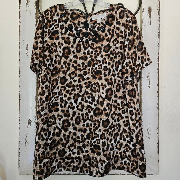 Michael Kors Women`s Cheetah Animal Print Short Sleeve Top Shirt size 14 - Picture 1 of 4
